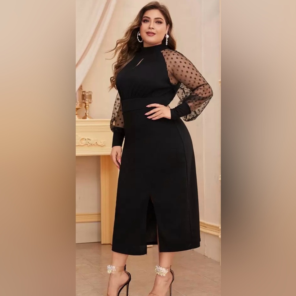 SHEIN Black Dress with Sheer Polka Dot Sleeves